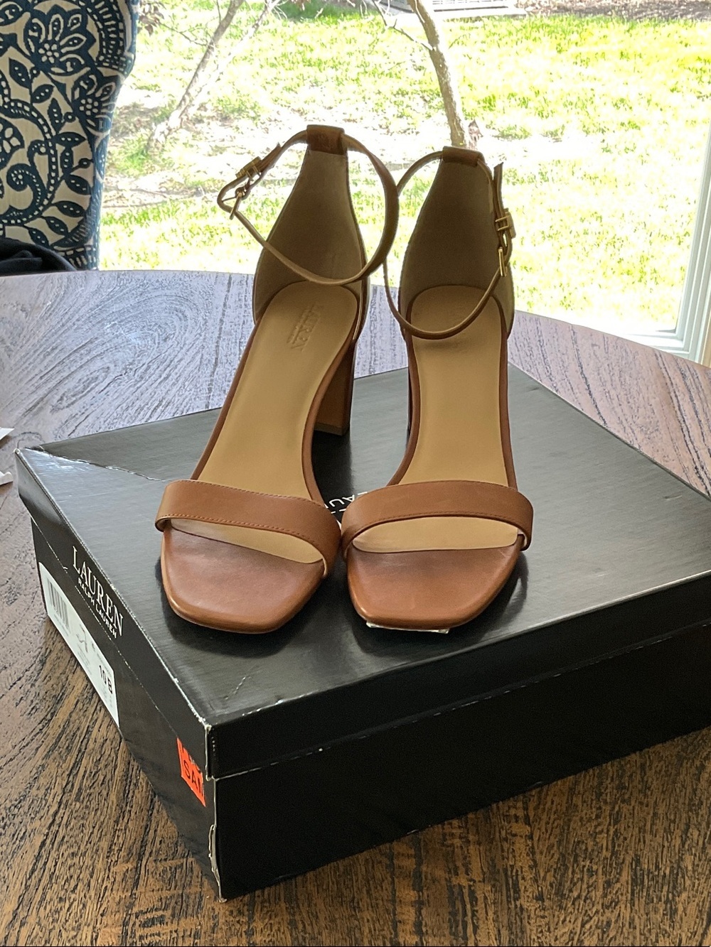 Lauren Ralph Lauren Tan Brown Ankle-Strap Block Heel Sandals